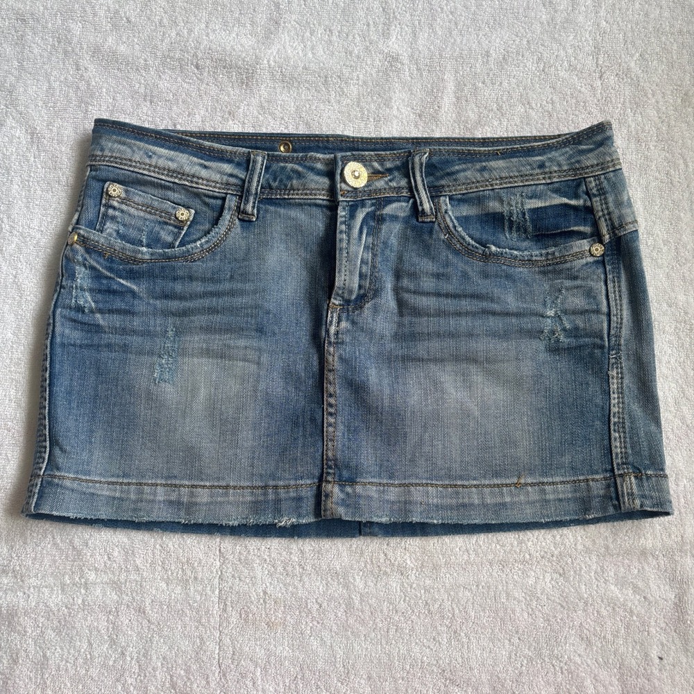 y2k Denim Mini Skirt Medium Wash Distressed Rhinestone Y2K Low Rise